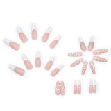 European Style Fake Nails French 3D white Petals Extra Long Coffin Press on Nail Full Cover Full Finished Stick On Nail Tips