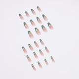 24pcs False Nails with Flower Print Mid-length Coffin Ballet Press on Nails Green Fake Nails Ballerina Women Wearable Manicure