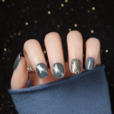 24pcs/box Wearable Finger Fake Nails press on Blue Grey Aurora Effect short size full cover Summer Patch  fake Fingernail tips