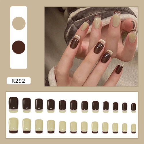 24PCS Brown Color Fake Nail Patch French Style Coffin Head Beige color Full Finished False Nails Press On Finger Nail For Girls