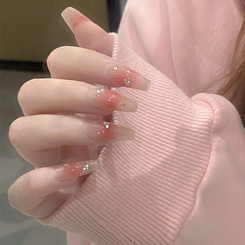 24PCS Press on Nails with Rhinestones Design Red Blusher Fake Nails Full Cover Artificial Stick On Nails Sweet Style Nails Patch