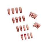 24pcs Jelly Burgundy Color Coffin Press On Nail tips With Bow Love Heart Print Full Cover Fake Nails  Wearable Nail Art Tips