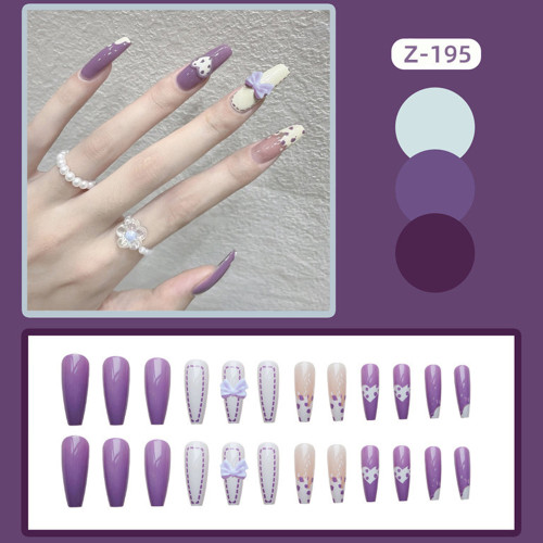 24PCS Ins Fake Nails Purple and White Heart Pattern Fakes Nails Long Pointed Head Full Finished Press on Nails Girl Nail Ar