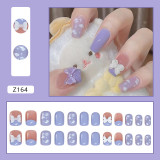 24pcs/box Fake Nails With Glue Yellow Flower Printed Type Short Paragraph Fashion Manicure Press On False Nails Gifts For Girls