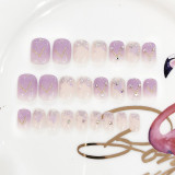 Girl Sweet Candy Color Fake Nail Press On Nail Tips Gradient Purple Glitter Rhinestone False Nail Short Full Cover Nail Stickers