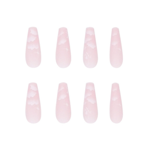 Pink Color Ballet Fake Nails with White Clouds Design Full Finished Nail Patch 24PCS Press On Nail Tips Nail Art Decorations