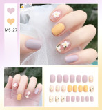 24pcs/box Fake Nails With Glue Yellow Flower Printed Type Short Paragraph Fashion Manicure Press On False Nails Gifts For Girls