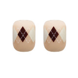24PCS False Nails Girls Brown Grid Pattern Autumn Winter Style Short Press on Nails Wearable Finished Nail Piece Nail Decoration
