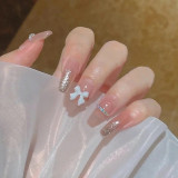 24PCS Fake Nails with Shiny Bow Diamond Design  Long Coffin Head French Style Press on Nails Wearable Full Finished Nail Patches