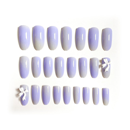 Ins French False Nail Patch Gradient purple Round Head Fake Nail Tips With Bow Design Manicure False Nail Patch For Girl Women