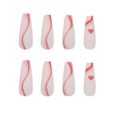 24PCS Press on Nail with Pink Lines Design Full Cover Long Coffin Ballet Women Removable Fake Nails Full Finished Stick on Nails