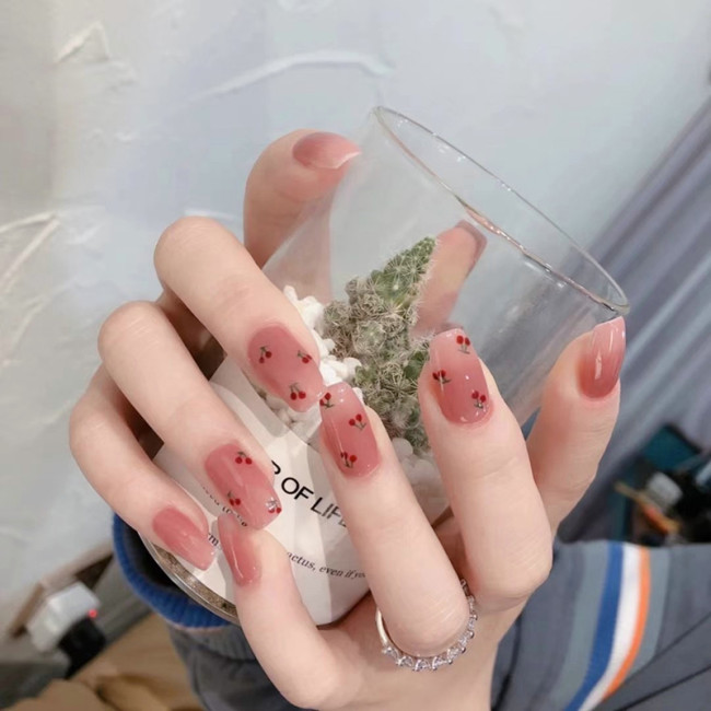 24pcs Fake Nails With Glue Crystal Cherry Short Style Square Head Nail Sticker Finished Artificial Nail Press On Nails Design DL