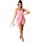 1L200   Summer fashion new versatile women's solid color sexy chest wrapped slit dress dress for women