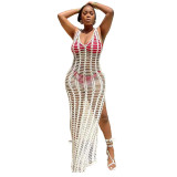 Crochet Tunic Knitted Sexy Vestidos Hollow Out Robe Long Beach Dress Slit 2022 Outer Cover Women Cover-ups Swim