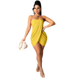 1L200   Summer fashion new versatile women's solid color sexy chest wrapped slit dress dress for women