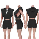 Women Summer Tracksuit  Two Piece Set Solid Sleeveless With hood Crop Sweatshirt And Sport shorts Casual Jogging Outfits