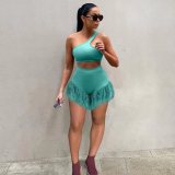 Solid Feather Fringe Shorts Crop Top Two Piece Set Summer Streetwear Women Sexy Bodycon Tracksuit Party Outfits 2022