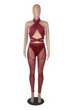 3 Pieces Set Bandage Lace Up Halter Crop Top Sheer Mesh Pants set Party Night Club Outfits Streetwear See Through Cloth