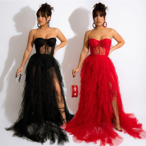 Solid Strapless Sheer Mesh Ruffle Party Maxi Long Dress Black Red Lace Patchwork Sexy Elegant Dresse Robe Femme Vestidio