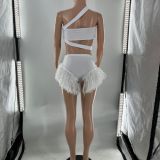 Hot Irregular Hollow Out Tank Top Vest and Feather Shorts Two Piece Set Tracksuit Sexy Bodycon Party Outfits Clubwear
