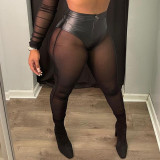 Sexy SeeThrough Sheer Mesh PU Leather Patchwork Crop Top and Legging Hight Waist Pants Set Setreet Bodycon Outfits