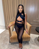 3 Pieces Set Bandage Lace Up Halter Crop Top Sheer Mesh Pants set Party Night Club Outfits Streetwear See Through Cloth