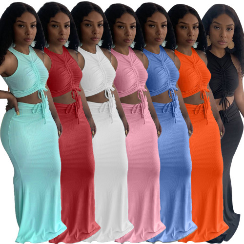 Women Sets Ruched Drawstring Sleeveless Tank Crop Top and High Waist Mermaid Maxi Skirt Set for Women Elegant Two Piece Sets