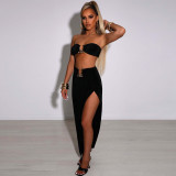 Hugcitar Sexy Strapless Crop Tube Top High Waist Slit Maxi Dress 2 Pcs Suits 2022 Fall Women Fashion Streetwear Vestido Y2K