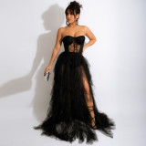 Solid Strapless Sheer Mesh Ruffle Party Maxi Long Dress Black Red Lace Patchwork Sexy Elegant Dresse Robe Femme Vestidio
