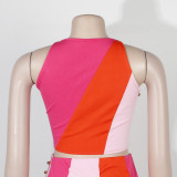 Elegant Women Beading Colorblocked Midi Bodycon Mini A-line Skirt Suit and Sleeveless Tank Two 2 Piece Set 2022 Outfits