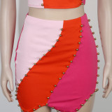 Elegant Women Beading Colorblocked Midi Bodycon Mini A-line Skirt Suit and Sleeveless Tank Two 2 Piece Set 2022 Outfits