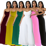 Summer Pleats Wide Leg Women Jumpsuit Fashion Chains Spaghetti Crossed Backless High Waist Elegant Bodysuit Party Rompers