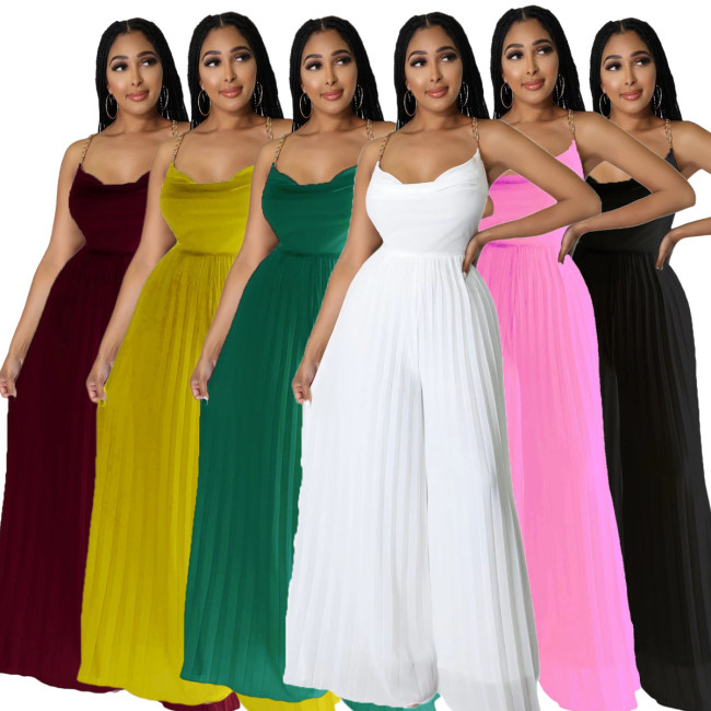 Summer Pleats Wide Leg Women Jumpsuit Fashion Chains Spaghetti Crossed Backless High Waist Elegant Bodysuit Party Rompers