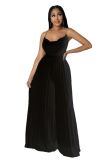 Summer Pleats Wide Leg Women Jumpsuit Fashion Chains Spaghetti Crossed Backless High Waist Elegant Bodysuit Party Rompers