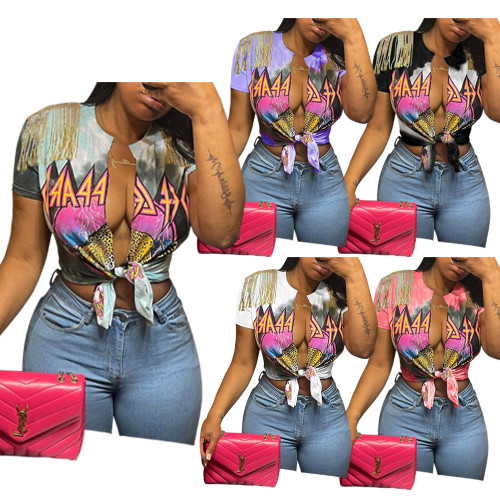 Summer Graphic Print Sexy Tops T-shirts For Women Deep V-neck Short Sleeve High Street Shoulder Tassel Bandage Tee Tshirt 2070