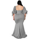 Big Size Elegant Women Evening Dress Puff Sleeves Front Split V Neck Ruffles Fashion Mermaid Party Dresses Floor Length
