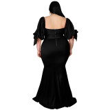 Big Size Elegant Women Evening Dress Puff Sleeves Front Split V Neck Ruffles Fashion Mermaid Party Dresses Floor Length