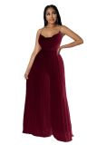 Summer Pleats Wide Leg Women Jumpsuit Fashion Chains Spaghetti Crossed Backless High Waist Elegant Bodysuit Party Rompers
