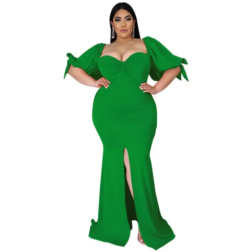 Big Size Elegant Women Evening Dress Puff Sleeves Front Split V Neck Ruffles Fashion Mermaid Party Dresses Floor Length