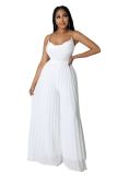 Summer Pleats Wide Leg Women Jumpsuit Fashion Chains Spaghetti Crossed Backless High Waist Elegant Bodysuit Party Rompers