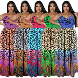 Sexy Women Colorful Leopard Printing Spaghetti Party Dresses Elastic Waist Split Sleeveless Elegant Ladies Plus Size Dress