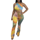 2020 Fashion Female Sport Suit Set  Tie Dye Print Halter backless Crop Top+Pants suits Tracksuit Lace Up Clothes 4 Colors