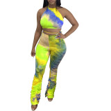 2020 Fashion Female Sport Suit Set  Tie Dye Print Halter backless Crop Top+Pants suits Tracksuit Lace Up Clothes 4 Colors