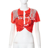 K22TP255 fashion women's clothing summer new printing hip-hop street fringed cardigan short-sleeved T-shirt
