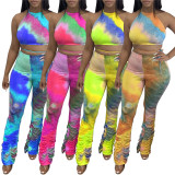 2020 Fashion Female Sport Suit Set  Tie Dye Print Halter backless Crop Top+Pants suits Tracksuit Lace Up Clothes 4 Colors