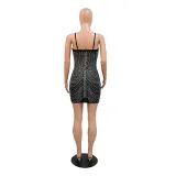 Felyn 2022 Famous Elegant Design Dress Solid Diamond Spaghetti Strap Sexy Club Mini Dress Vestidos
