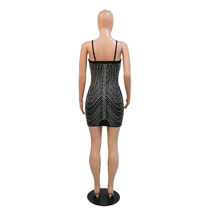 Felyn 2022 Famous Elegant Design Dress Solid Diamond Spaghetti Strap Sexy Club Mini Dress Vestidos