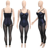 Sexy Women Jumpsuit Diamond Sheer Mesh Party Night Clubwear Bodycon Spaghetti strap Fitness Long Romper Women Jumpsuit