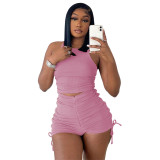 2022 Summer Women Biker Two Piece Set Tracksuit Matching Set Solid Color Drawstring Sportsuit Clothes For Women