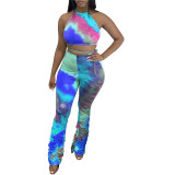 2020 Fashion Female Sport Suit Set  Tie Dye Print Halter backless Crop Top+Pants suits Tracksuit Lace Up Clothes 4 Colors
